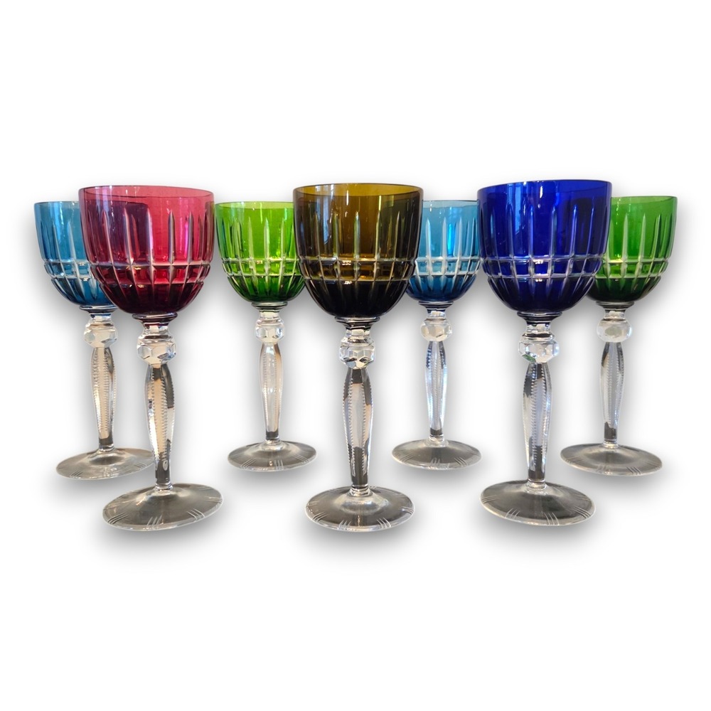 Set 7 Vintage Bohemian Lead Crystal Cut to Clear Wine Glasses Goblets 8''